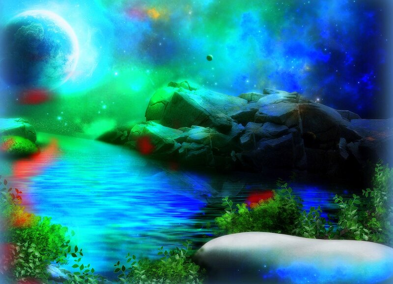 Alien Planet Landscape — Blue, Serene, Night, Digital Art, Moon, River
