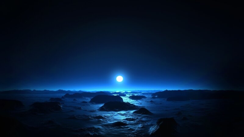 Alien Planet Landscape — Blue, Serene, Night, Digital Art, Moon, Rocks