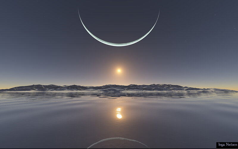 Alien Planet Landscape — Blue, Serene, Night, Digital Art, Moon