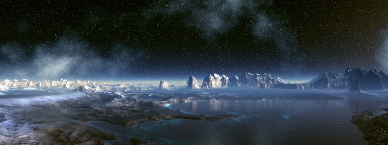 Alien Planet Landscape — Blue, Serene, Night, Digital Art, Mountains, Ice