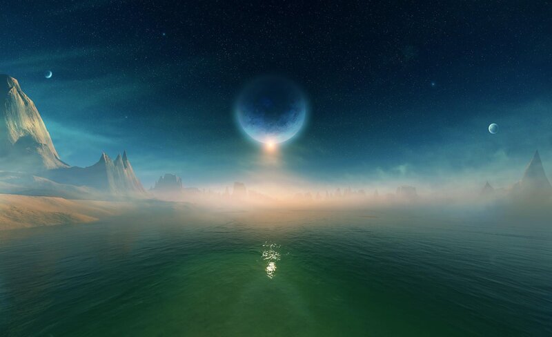 Alien Planet Landscape — Blue, Serene, Night, Digital Art, Mountains, Moon, Ocean, Stars