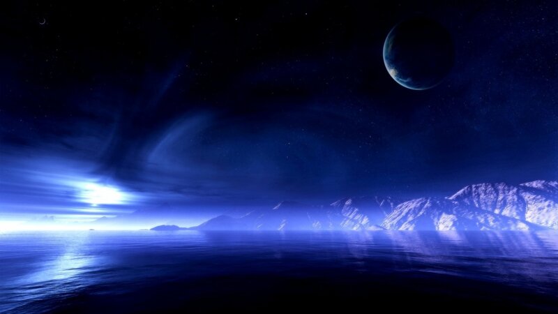 Alien Planet Landscape — Blue, Serene, Night, Digital Art, Mountains, Ocean, Moon, Stars