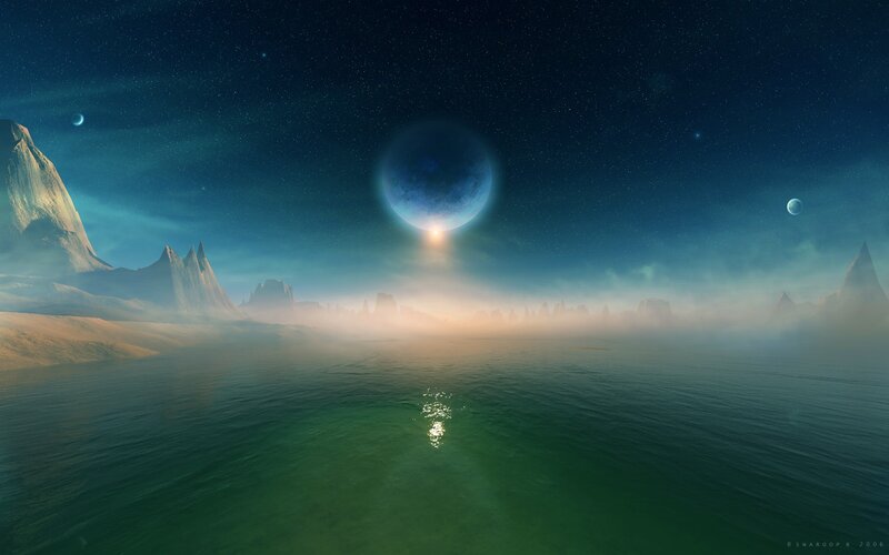 Alien Planet Landscape — Blue, Serene, Night, Digital Art, Mountains, Ocean, Planets