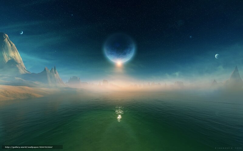 Alien Planet Landscape — Blue, Serene, Night, Digital Art, Mountains, Ocean