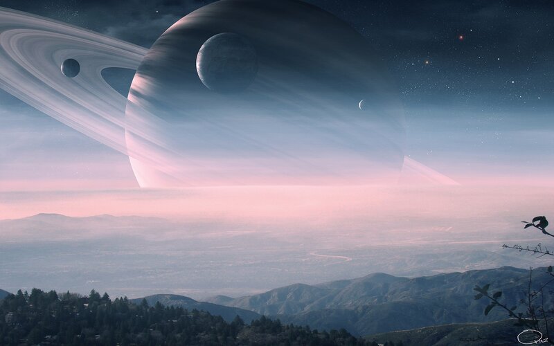 Alien Planet Landscape — Blue, Serene, Night, Digital Art, Mountains, Planets
