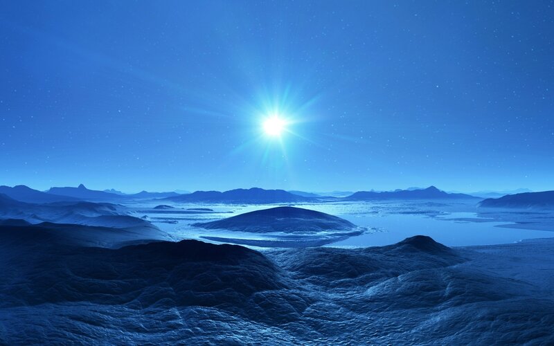 Alien Planet Landscape — Blue, Serene, Night, Digital Art, Mountains, Star