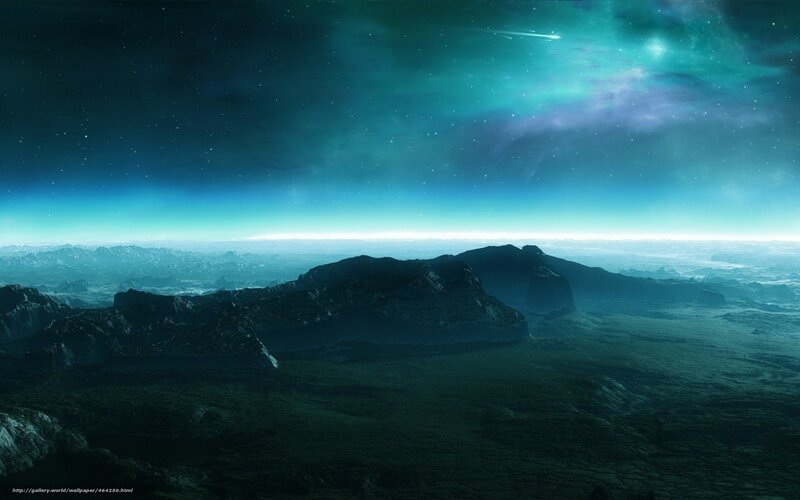 Alien Planet Landscape — Blue, Serene, Night, Digital Art, Mountains, Stars