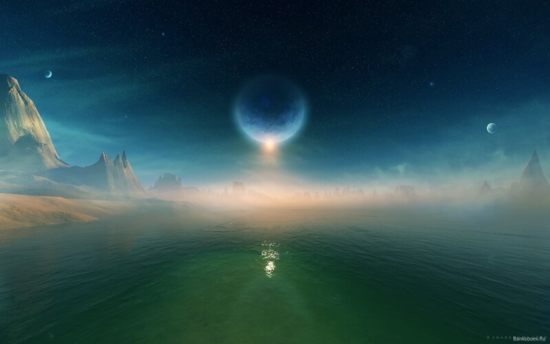 Alien Planet Landscape — Blue, Serene, Night, Digital Art, Mountains