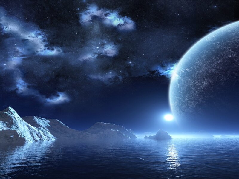 Alien Planet Landscape — Blue, Serene, Night, Digital Art, Ocean