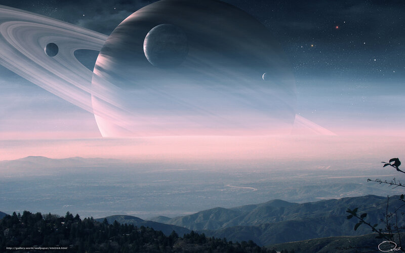 Alien Planet Landscape — Blue, Serene, Night, Digital Art, Planets, Rings