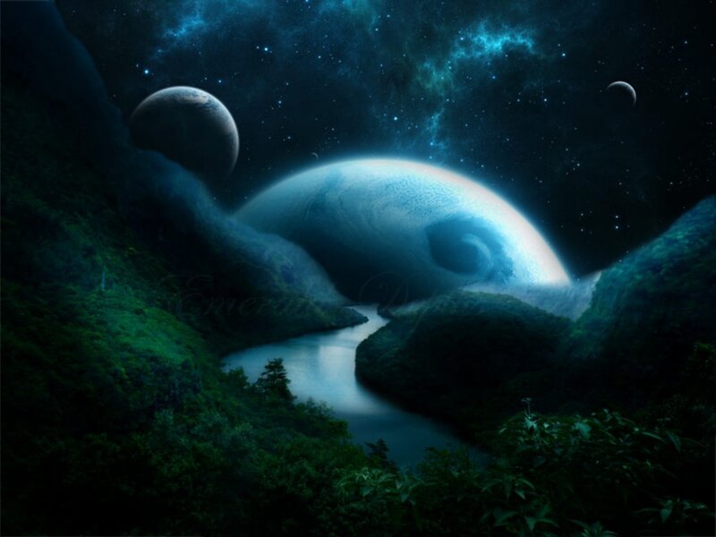 Alien Planet Landscape — Blue, Serene, Night, Digital Art, Planets, River