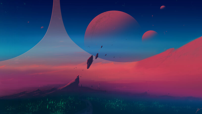 Alien Planet Landscape — Blue, Serene, Night, Digital Art, Planets, Space Ring