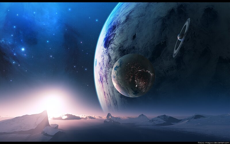 Alien Planet Landscape — Blue, Serene, Night, Digital Art, Planets, Stars, Mountains, White