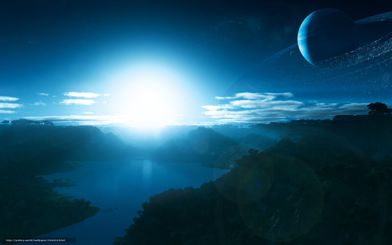Alien Planet Landscape — Blue, Serene, Night, Digital Art, Rings