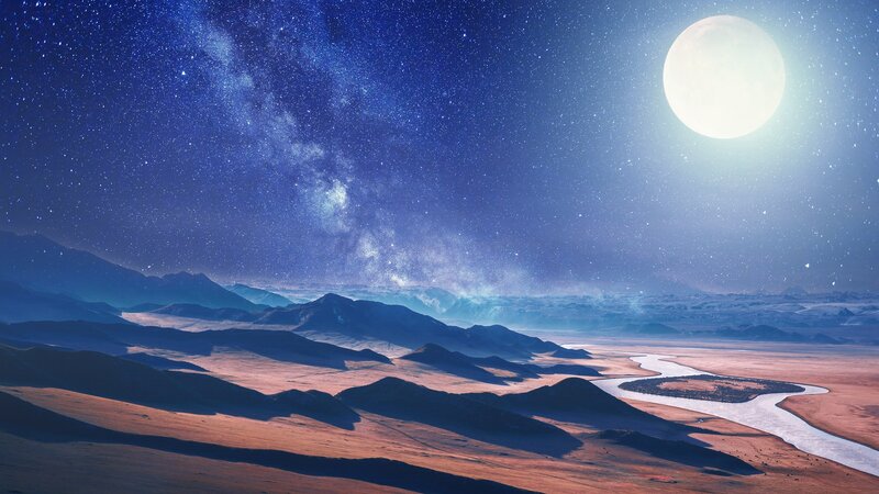 Alien Planet Landscape — Blue, Serene, Night, Digital Art, River