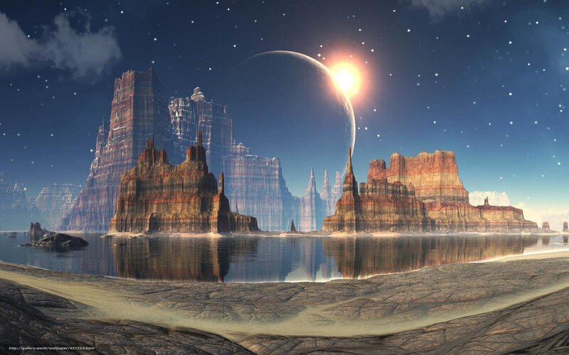 Alien Planet Landscape — Blue, Serene, Night, Digital Art, Rock Formations, Moon