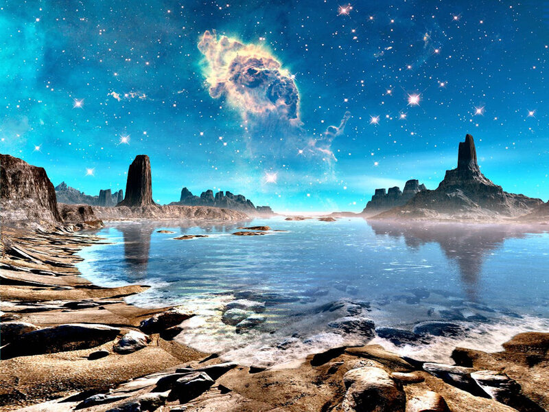 Alien Planet Landscape — Blue, Serene, Night, Digital Art, Rock Formations