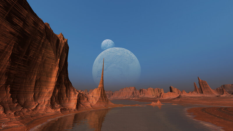 Alien Planet Landscape — Blue, Serene, Night, Digital Art, Rock Formations, Two Moons