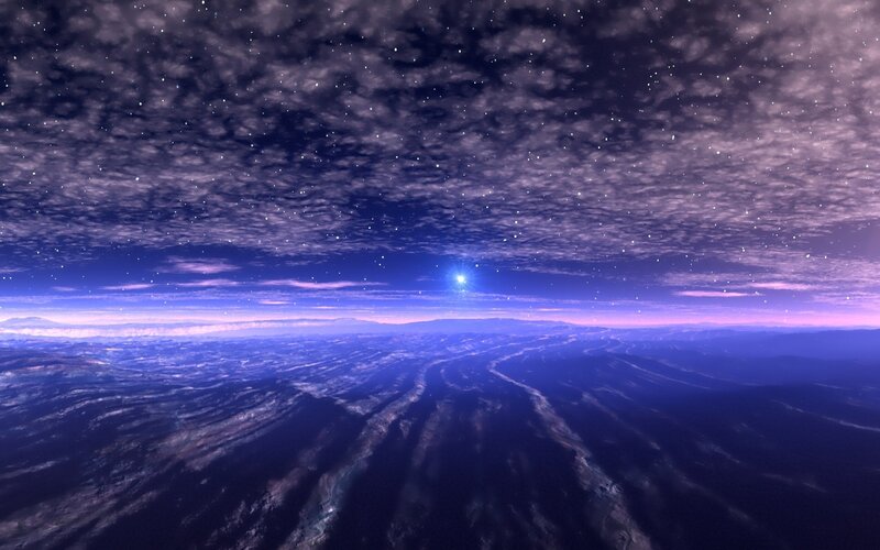 Alien Planet Landscape — Blue, Serene, Night, Digital Art, Stars, Clouds