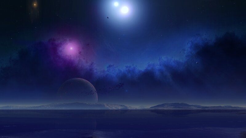 Alien Planet Landscape — Blue, Serene, Night, Digital Art, Stars, Nebula