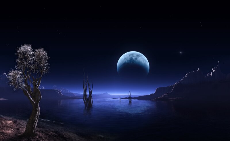 Alien Planet Landscape — Blue, Serene, Night, Digital Art, Tree, Moon