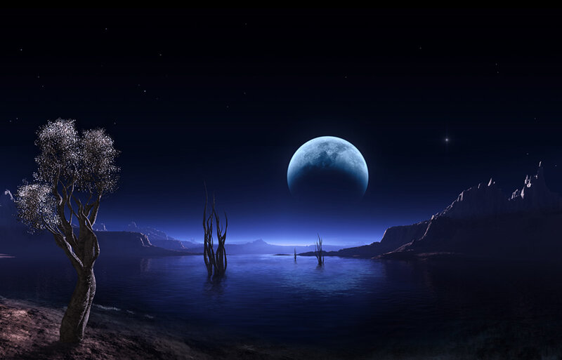 Alien Planet Landscape — Blue, Serene, Night, Digital Art, Tree