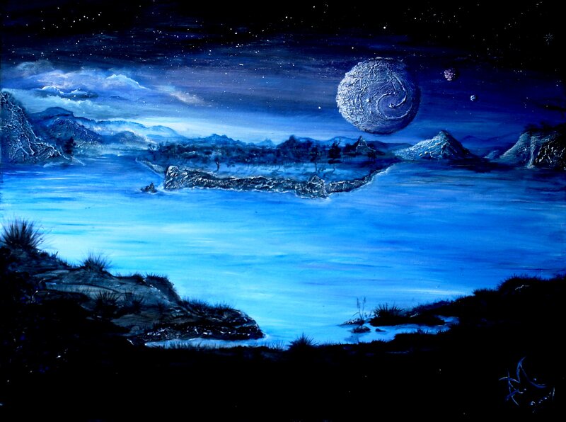 Alien Planet Landscape — Blue, Serene, Night, Painting