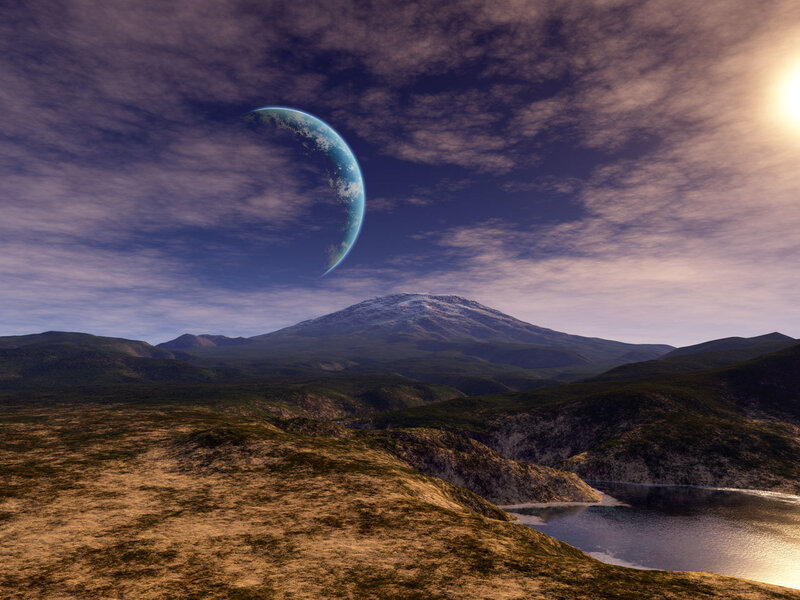 Alien Planet Landscape — Blue, Serene, Sunset, 3d Render, Mountain