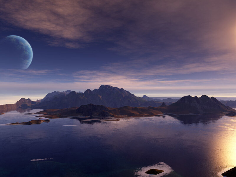 Alien Planet Landscape — Blue, Serene, Sunset, 3d Render, Mountains, Ocean