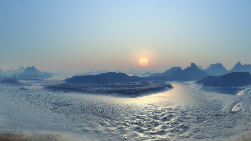 Alien Planet Landscape — Blue, Serene, Sunset, 3d Render, Mountains, Sun
