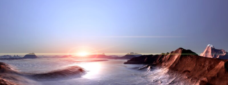 Alien Planet Landscape — Blue, Serene, Sunset, 3d Render, Mountains