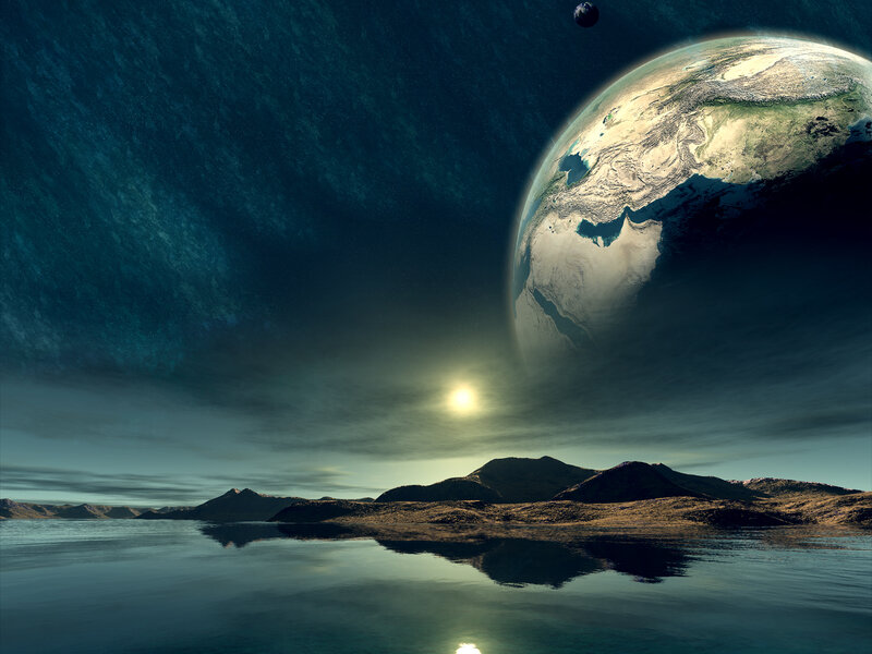 Alien Planet Landscape — Blue, Serene, Sunset, Digital Art, Moon