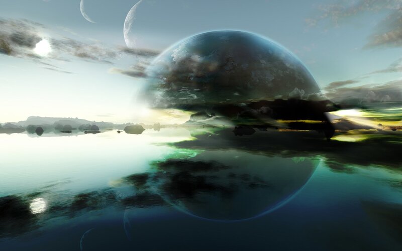 Alien Planet Landscape — Blue, Serene, Sunset, Digital Art, Moons