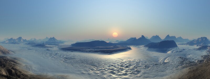 Alien Planet Landscape — Blue, Serene, Sunset, Digital Art, Mountains, Sun
