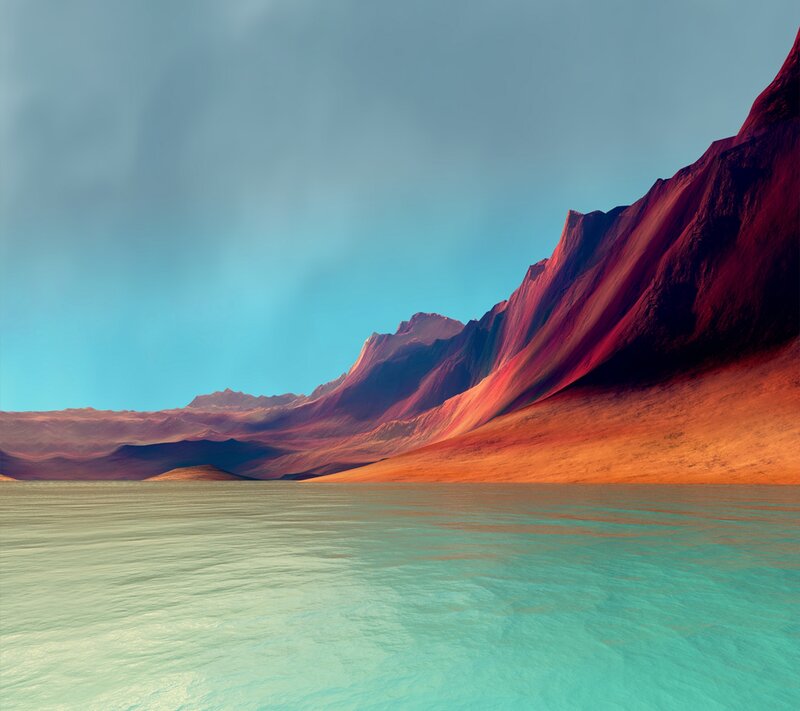 Alien Planet Landscape — Blue, Serene, Sunset, Digital Art, Mountains
