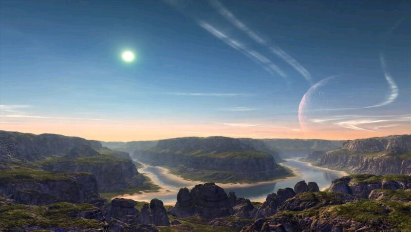Alien Planet Landscape — Blue, Serene, Sunset, Digital Art, River