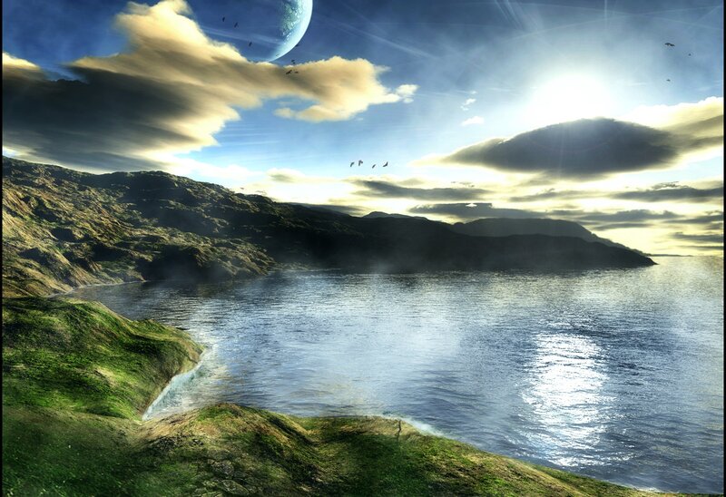 Alien Planet Landscape — Blue, Serene, Sunset, Digital Art