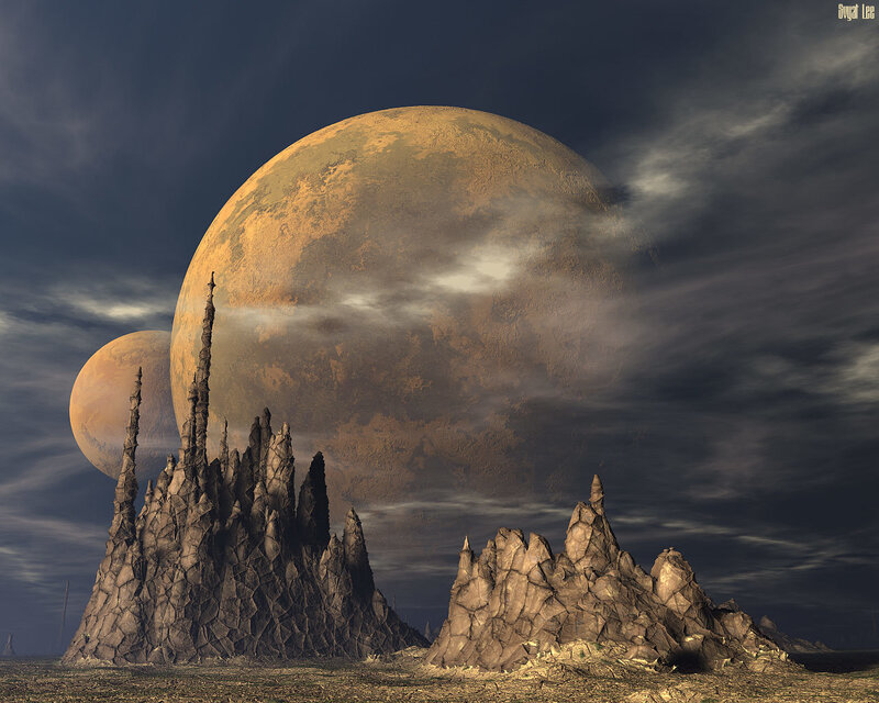 Alien Planet Landscape — Brown, Dramatic, Digital Art, Rock Formations