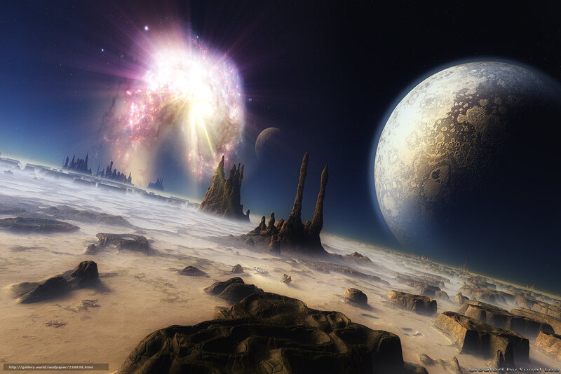 Alien Planet Landscape — Brown, Dramatic, Night, Digital Art, Moon, Galaxy