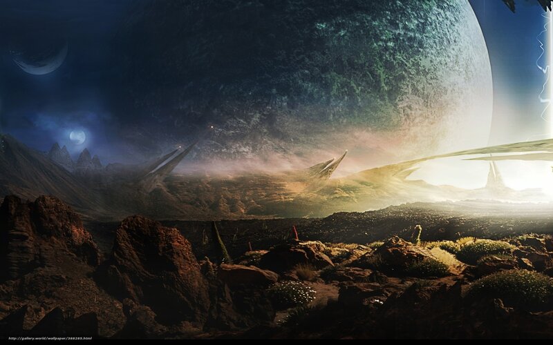 Alien Planet Landscape — Brown, Dramatic, Night, Digital Art, Moon, Mountains