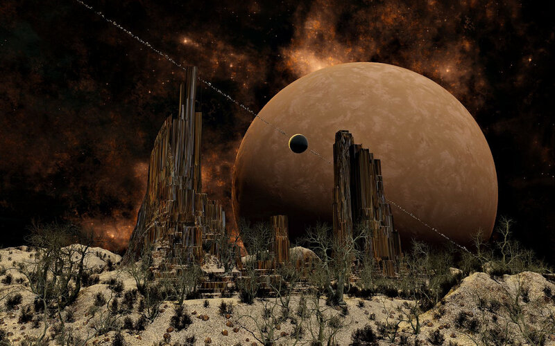 Alien Planet Landscape — Brown, Dramatic, Night, Digital Art, Moon, Ruins
