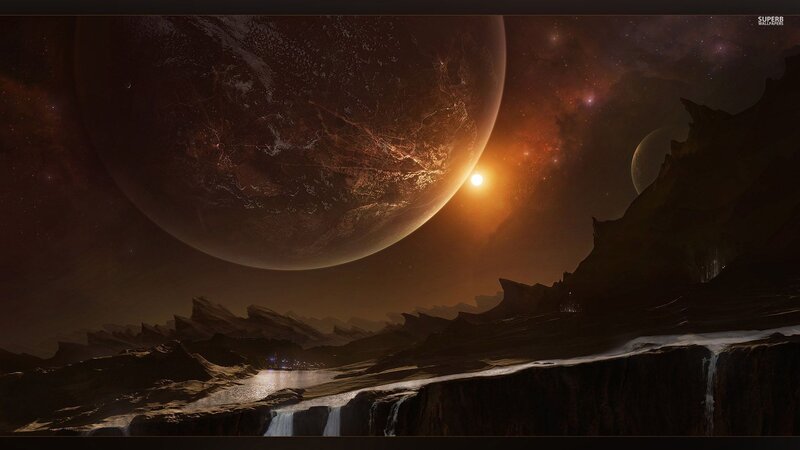 Alien Planet Landscape — Brown, Dramatic, Night, Digital Art, Moon, Star