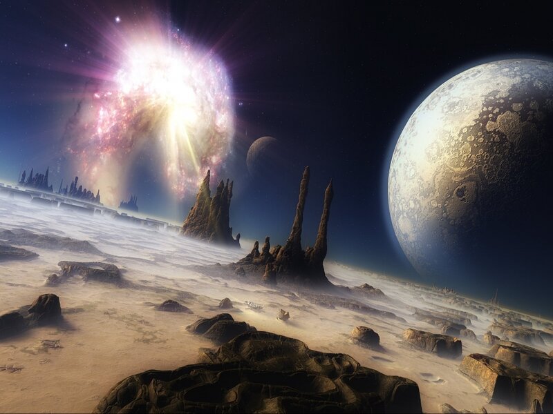 Alien Planet Landscape — Brown, Dramatic, Night, Digital Art, Moon, Stars