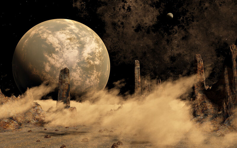 Alien Planet Landscape — Brown, Dramatic, Night, Digital Art, Moon