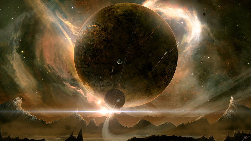 Alien Planet Landscape — Brown, Dramatic, Night, Digital Art, Mountains, Nebula