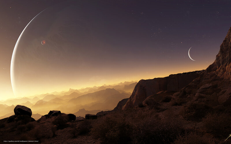 Alien Planet Landscape — Brown, Dramatic, Night, Digital Art, Mountains, Planets