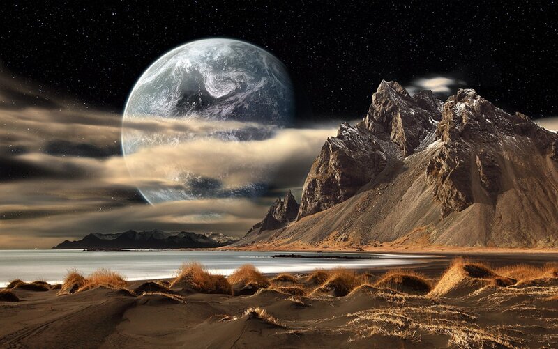 Alien Planet Landscape — Brown, Dramatic, Night, Digital Art, Mountains, Stars