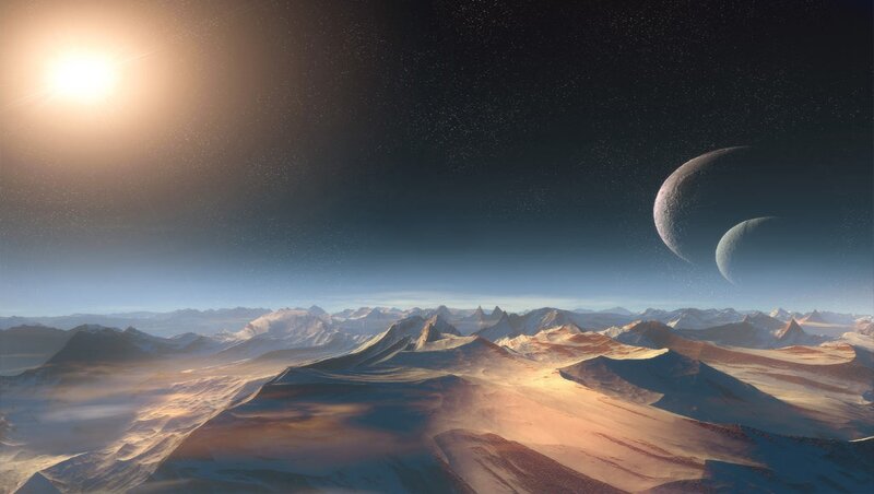 Alien Planet Landscape — Brown, Dramatic, Night, Digital Art, Mountains, Sun