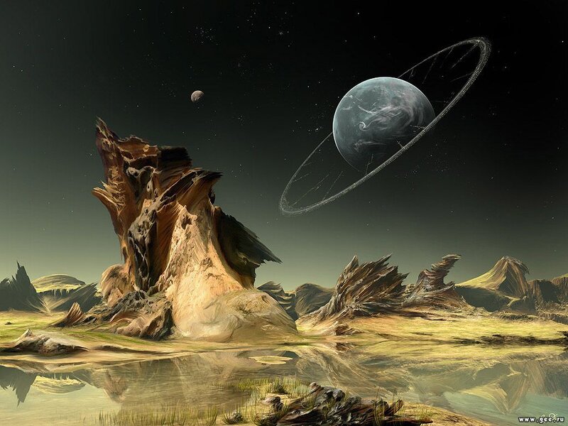 Alien Planet Landscape — Brown, Dramatic, Night, Digital Art, Planet with Rings, Moon, Rock Formation, Green