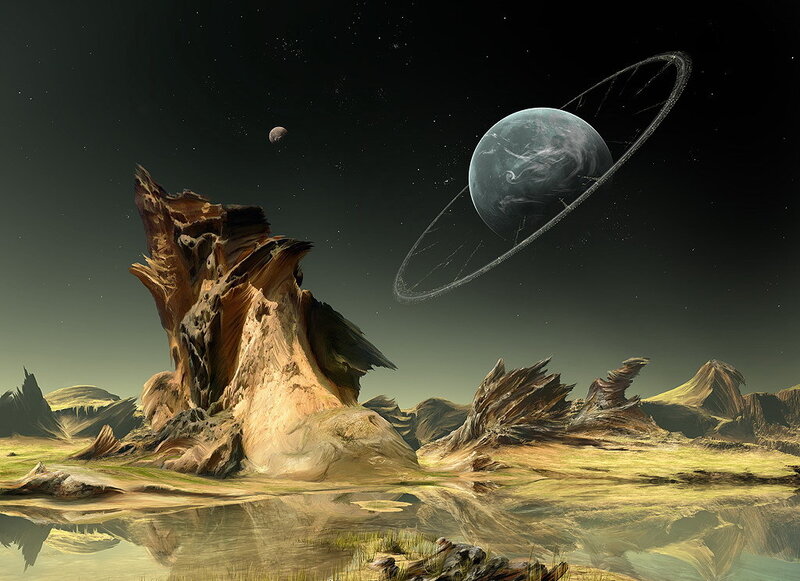Alien Planet Landscape — Brown, Dramatic, Night, Digital Art, Planet with Rings, Moon, Rock Formations, Green